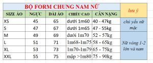 size áo thun đồng phục