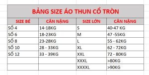 Bảng size áo thun cổ tròn