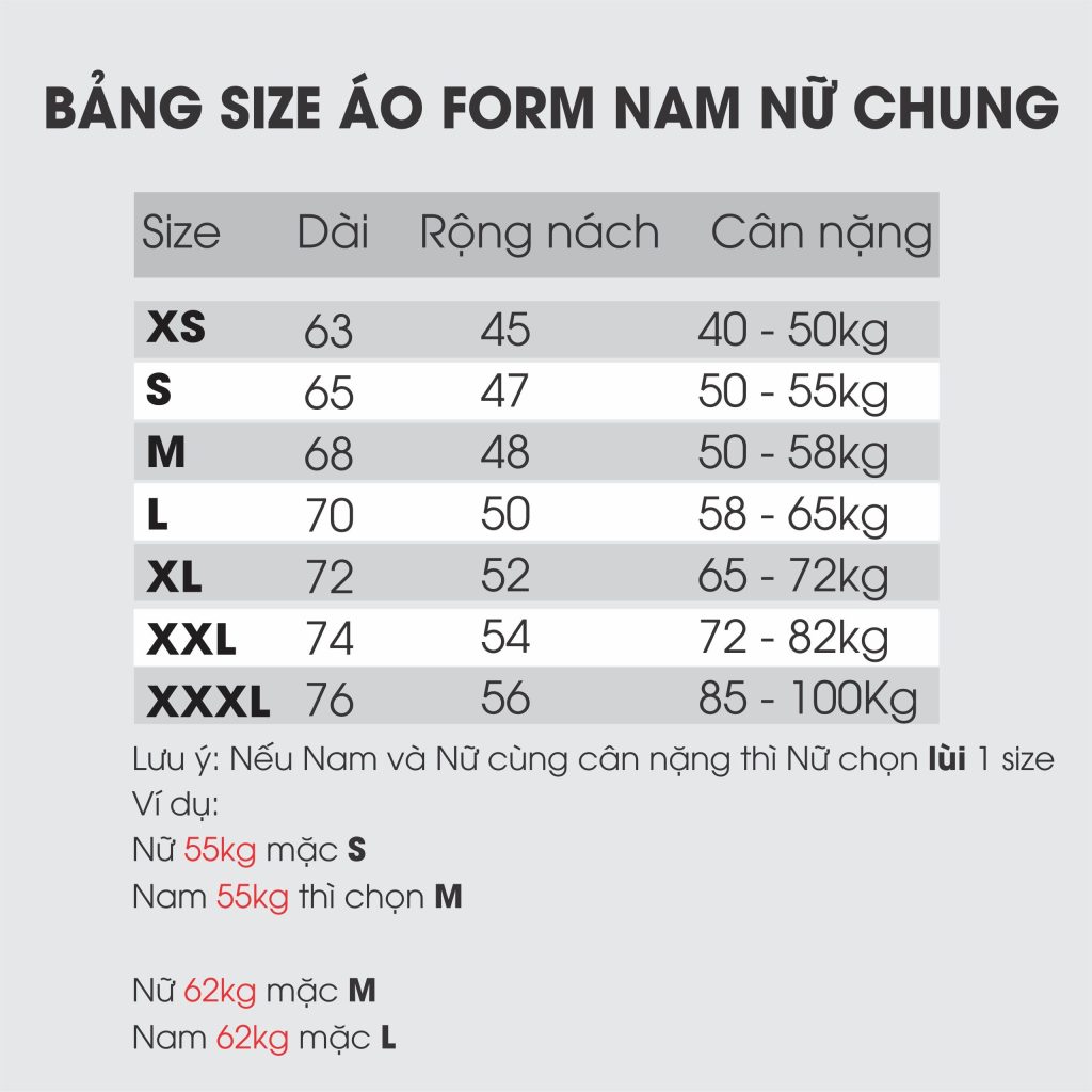bảng size áo đồng phục 