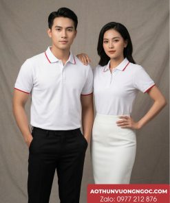 Áo đồng phục trắng sọc đỏ polo